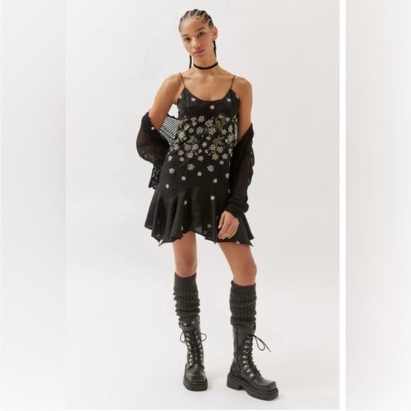 Urban Outfitters | Sienna Asymmetrical Embroidered Mini Dress Black New Medium - Picture 3 of 8